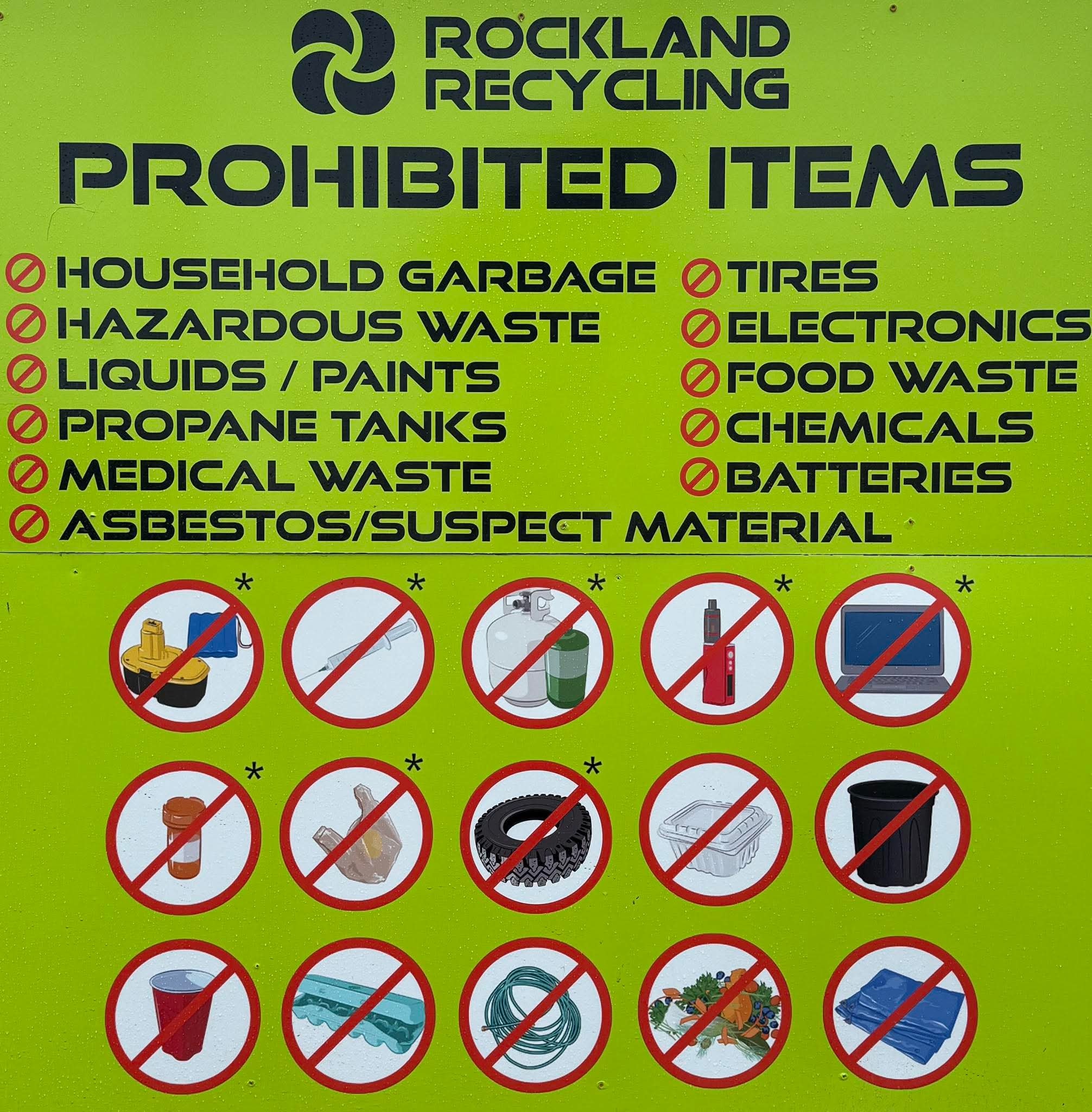 Rockland Recycling prohibited items sign listing banned materials
